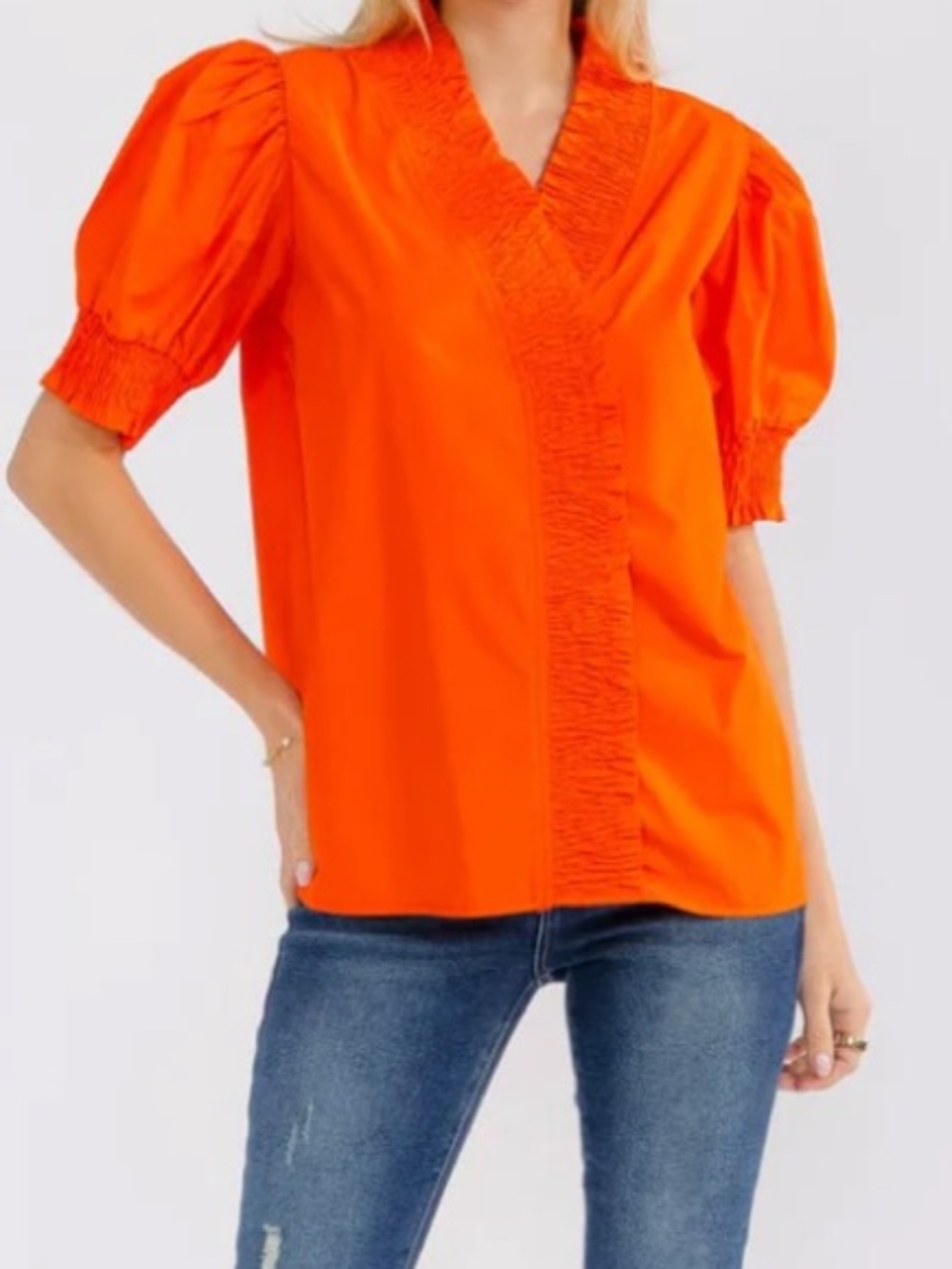 Orange Cotton Ruffle Smocked Short Sleeve Spring/Summer Top